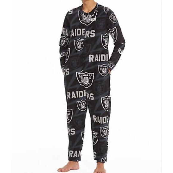 Oakland Las Vegas Raiders One Piece Pajamas Mens L Black Fleece Full Zip NFL - Picture 1 of 9